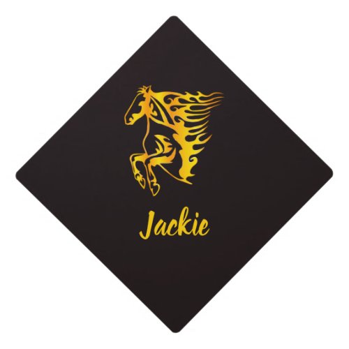 Golden flame horse with custom name  graduation cap topper