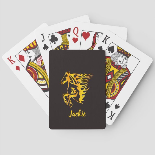 Golden flame horse with custom name  poker cards (Back)