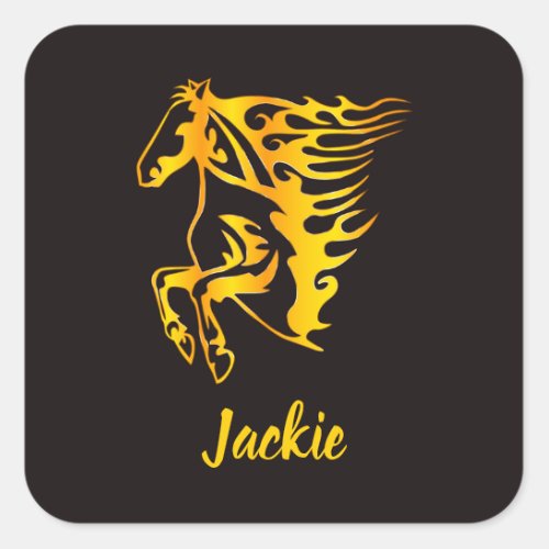Golden flame horse with custom name  square sticker