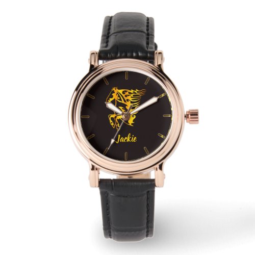 Golden flame horse with custom name  watch