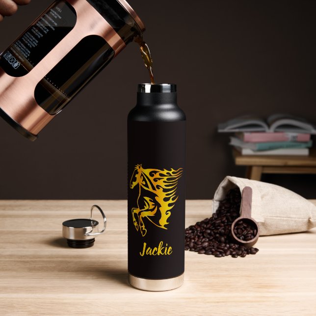 Golden flame horse with custom name  water bottle (Coffee)