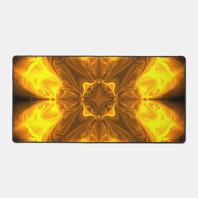 Golden Flame Kaleidoscope Fractal Art Desk Mat (Front)