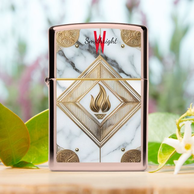 Golden Flame on Marble Zippo Lighter (On Table)