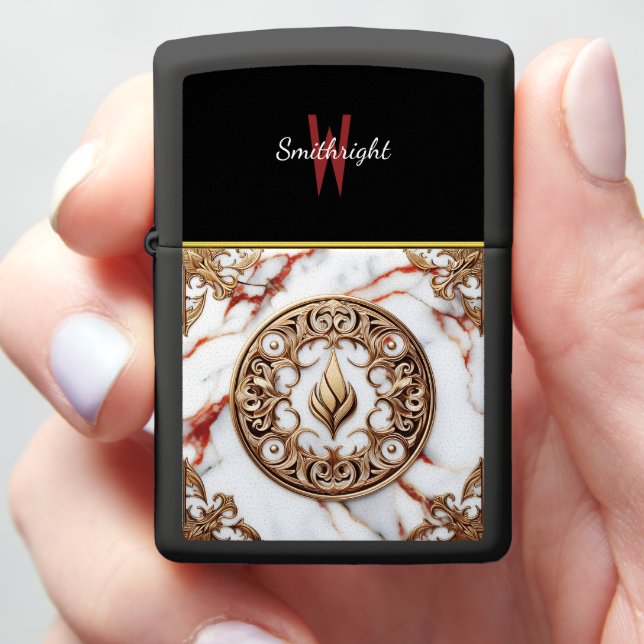 Golden Flame on Marble Zippo Lighter (In Hand)