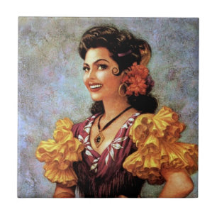 Golden Flamenco Beautiful Mexican Calendar Girl Ceramic Tile