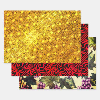 Golden Flare, Crimson Nouveau, and Grapes & Vines Wrapping Paper Sheets