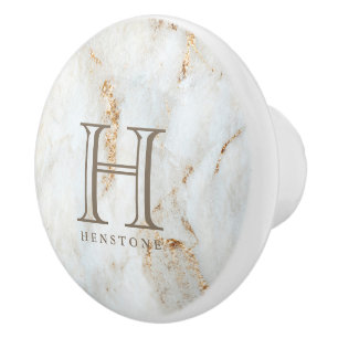 Golden Flecked White Marble Monogram Ceramic Knob