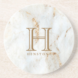 Golden Flecked White Marble Monogram Coaster