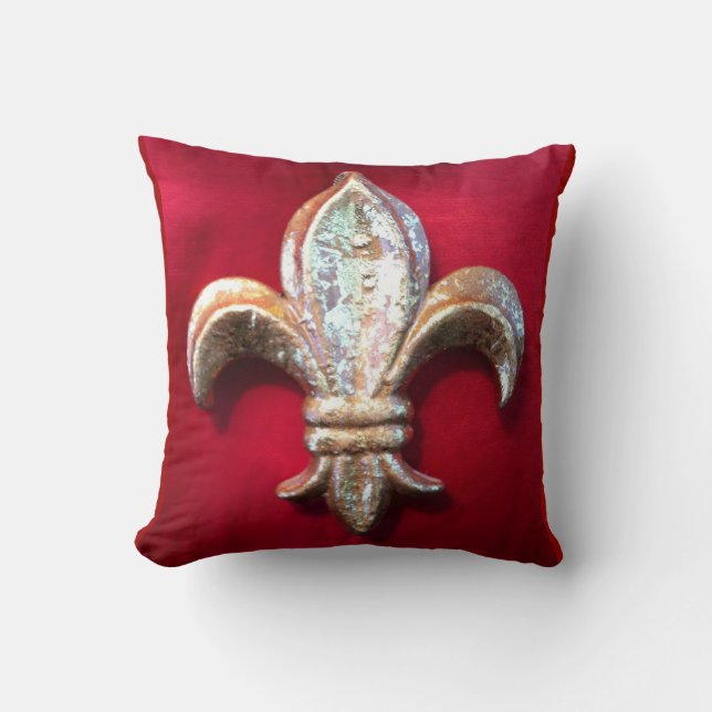 Golden Fleur-de-lis against Dark Red Ground Throw Pillow (Front)