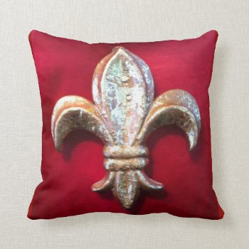Golden Fleur-de-lis Against Dark Red Ground Throw Pillow by CreativeContribution at Zazzle
