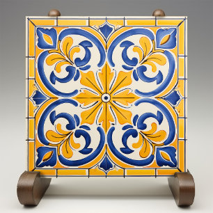 Golden Fleur-de-Lis Azulejo Print Ceramic Tile