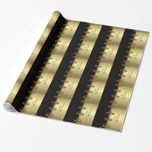 Golden Fleur-de-lis black and gold custom monogram Wrapping Paper