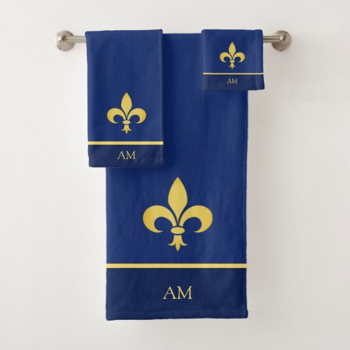 Golden Fleur de Lis  Monogram on Navy Blue Bath Towel Set