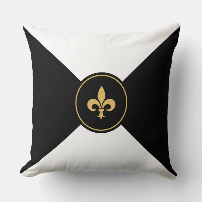 Golden Fleur de Lis on Black and White Throw Pillow (Front)