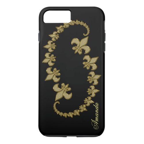 Golden Fleur_de_lis on black Custom Monogram iPhone 8 Plus7 Plus Case