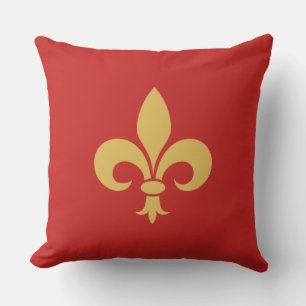Golden Fleur de Lis on Crimson Red Throw Pillow