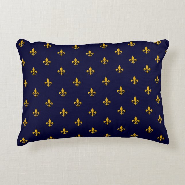 Golden Fleur de Lis on Navy Blue Accent Pillow (Front)
