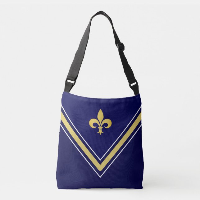 Golden Fleur de Lis on Navy Blue and White Crossbody Bag (Front)