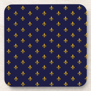 Golden Fleur de Lis on Navy Blue Beverage Coaster