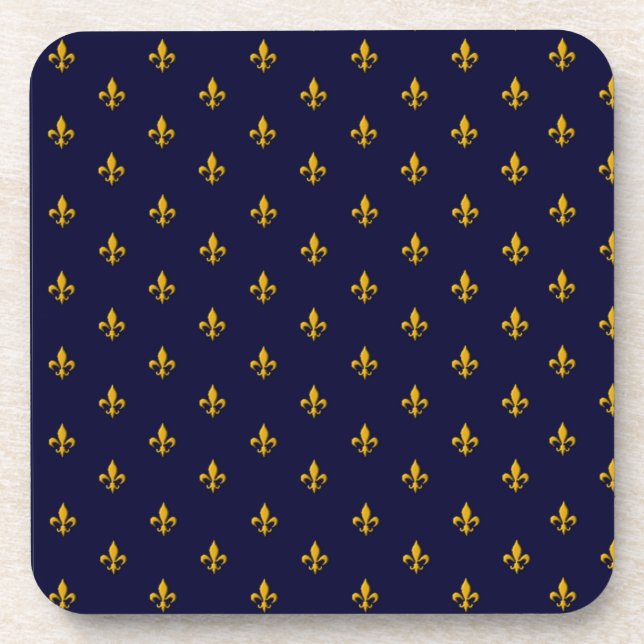Golden Fleur de Lis on Navy Blue Beverage Coaster (Front)