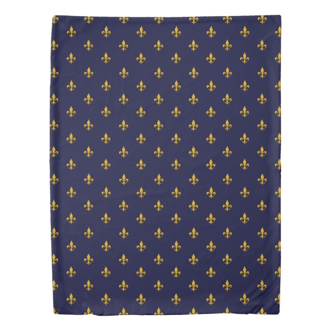 Golden Fleur de Lis on Navy Blue Duvet Cover (Front)