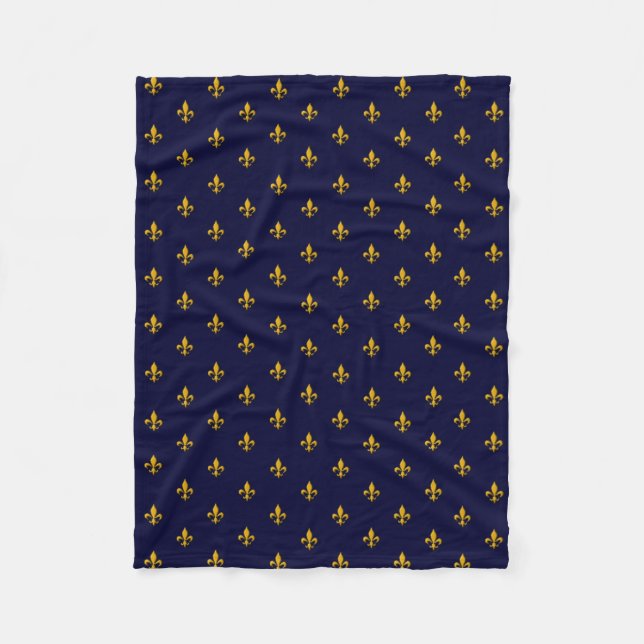 Golden Fleur de Lis on Navy Blue Fleece Blanket (Front)