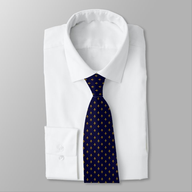 Golden Fleur de Lis on Navy Blue  Neck Tie (Tied)