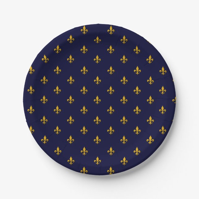 Golden Fleur de Lis on Navy Blue Paper Plates (Front)