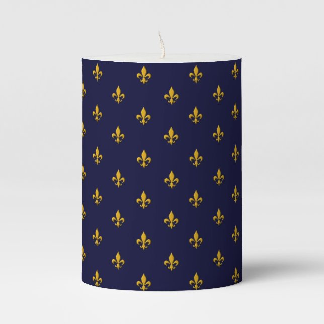 Golden Fleur de Lis on Navy Blue Pillar Candle (Front)
