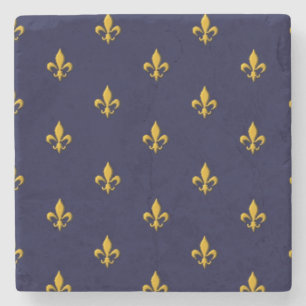 Golden Fleur de Lis on Navy Blue Stone Coaster