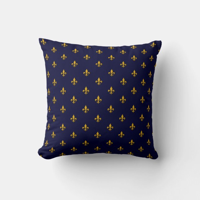 Golden Fleur de Lis on Navy Blue Throw Pillow (Front)