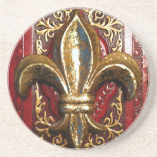 Golden Fleur de lis on red print Coaster