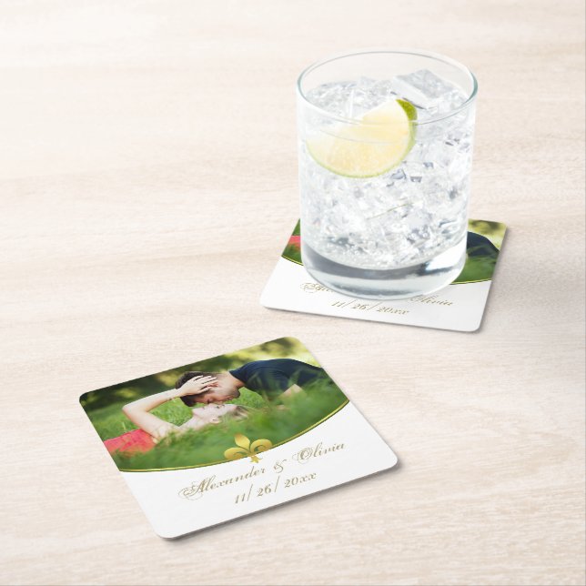 Golden Fleur de Lis Photo Wedding Paper Coasters (Insitu)