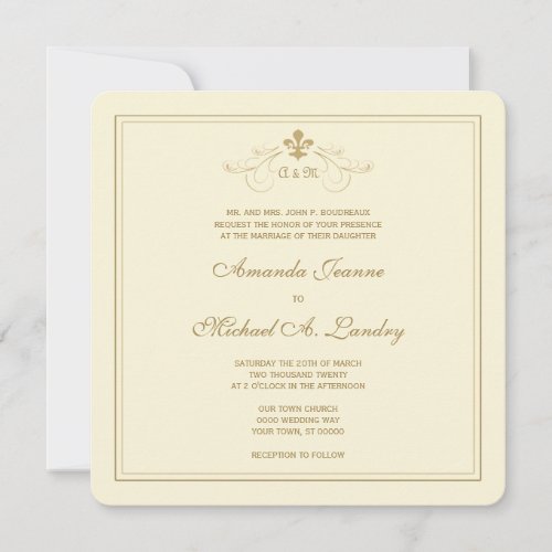 Golden Fleur de Lis Scroll Formal Wedding Invitation