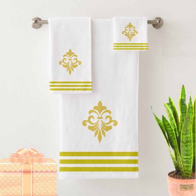 Golden Fleur de Lis, Three Stripes on White Bath Towel Set (Creator Uploaded)