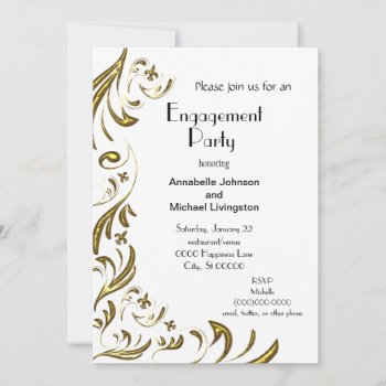 Golden Fleur De Lis Vine Engagement Party On White Invitation by EnchantedBayou at Zazzle