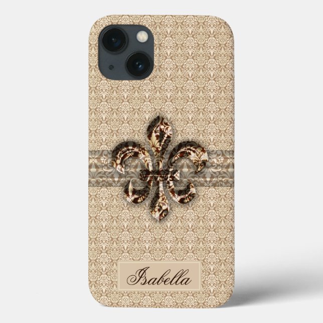 Golden Fleur De Lis with Cream Damask Pattern Case-Mate iPhone Case (Back)