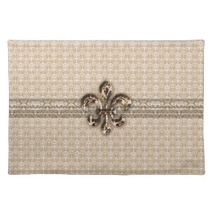 Golden Fleur De Lis with Cream Damask Pattern Cloth Placemat