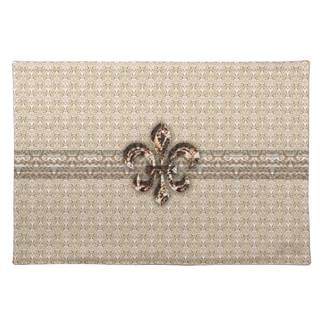 Golden Fleur De Lis with Cream Damask Pattern Cloth Placemat (Front)
