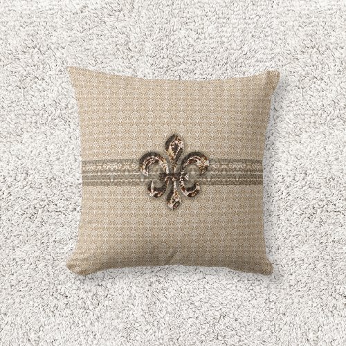 Golden Fleur De Lis with Cream Damask Pattern Throw Pillow