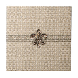 Golden Fleur De Lis with Cream Damask Pattern Tile