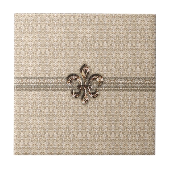 Golden Fleur De Lis with Cream Damask Pattern Tile (Front)
