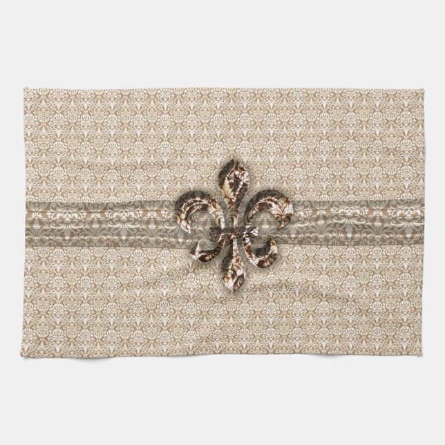 Golden Fleur De Lis with Cream Damask Pattern Towel (Horizontal)