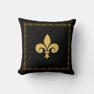 Golden Fleur de Lis with Floral Frame on Black Throw Pillow