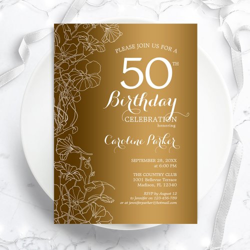 Golden Floral 50th Birthday Party Invitation