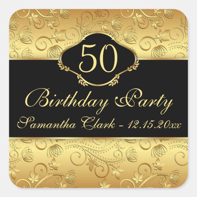 Golden floral 50th Birthday Party Square Sticker (Front)