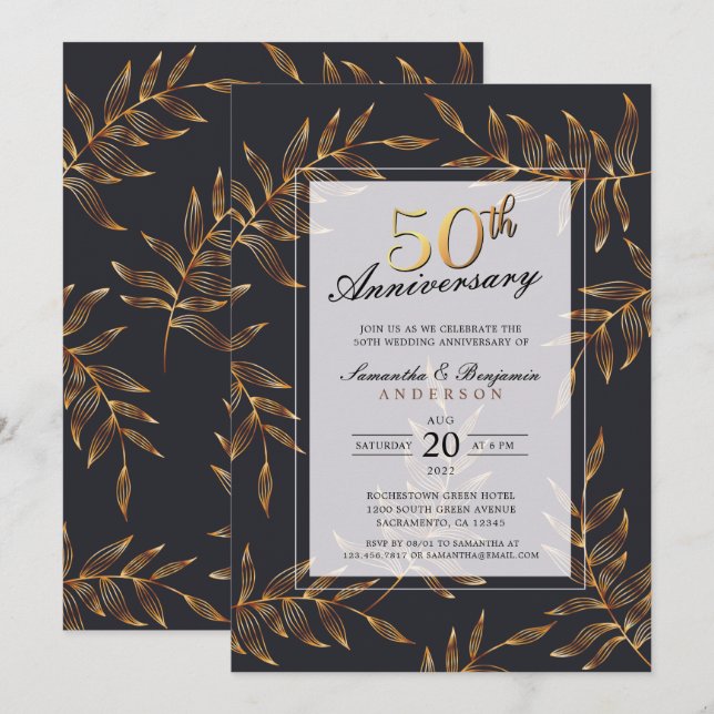 Golden Floral 50th Wedding Anniversary Invitation (Front/Back)