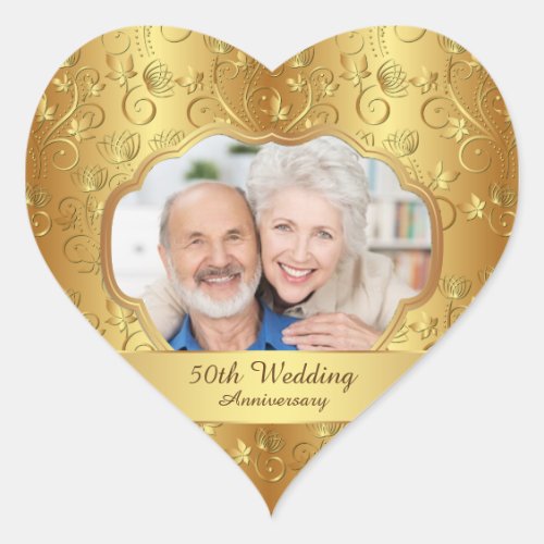 Golden floral 50th Wedding Anniversary Photo Heart Sticker