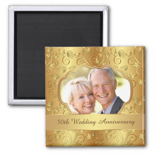 Golden floral 50th Wedding Anniversary Photo Magnet