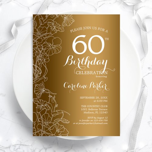 Golden Floral 60th Birthday Party Invitation